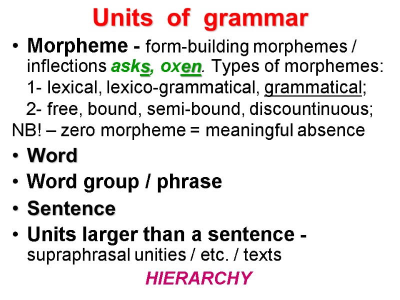 Units  of  grammar Morpheme - form-building morphemes / inflections asks, oxen. Types